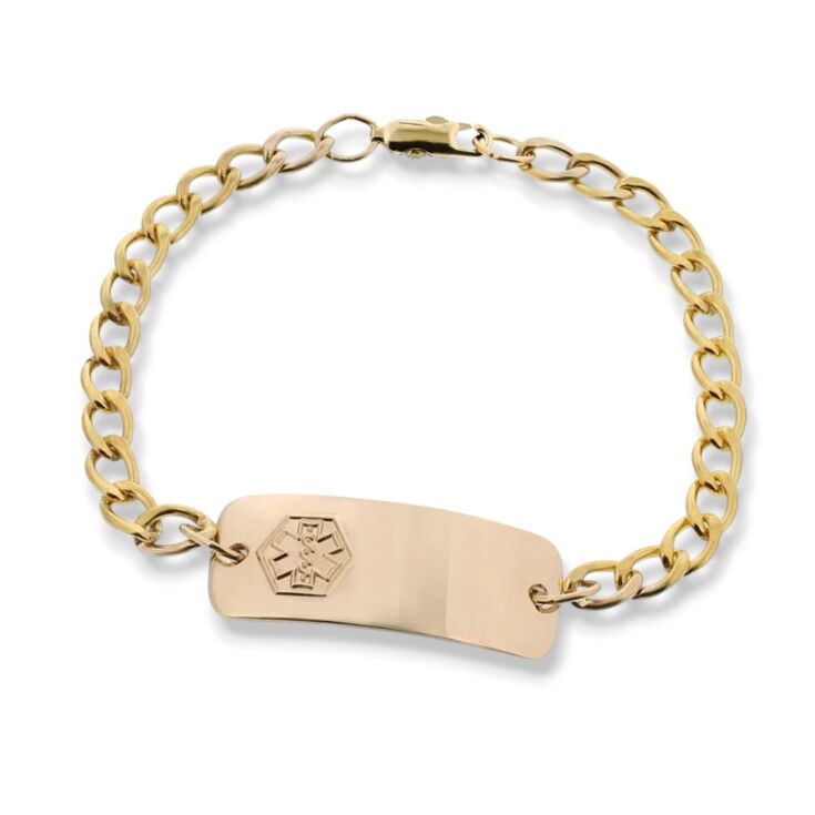 medical id bracelet for toddlers, children, gold curb chain with engraveable plate