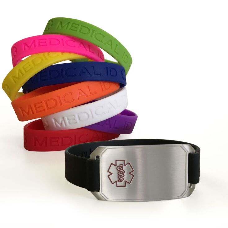 silicone companion medical ID, flex bracelet in solid colors, back up medical ID with free engraving