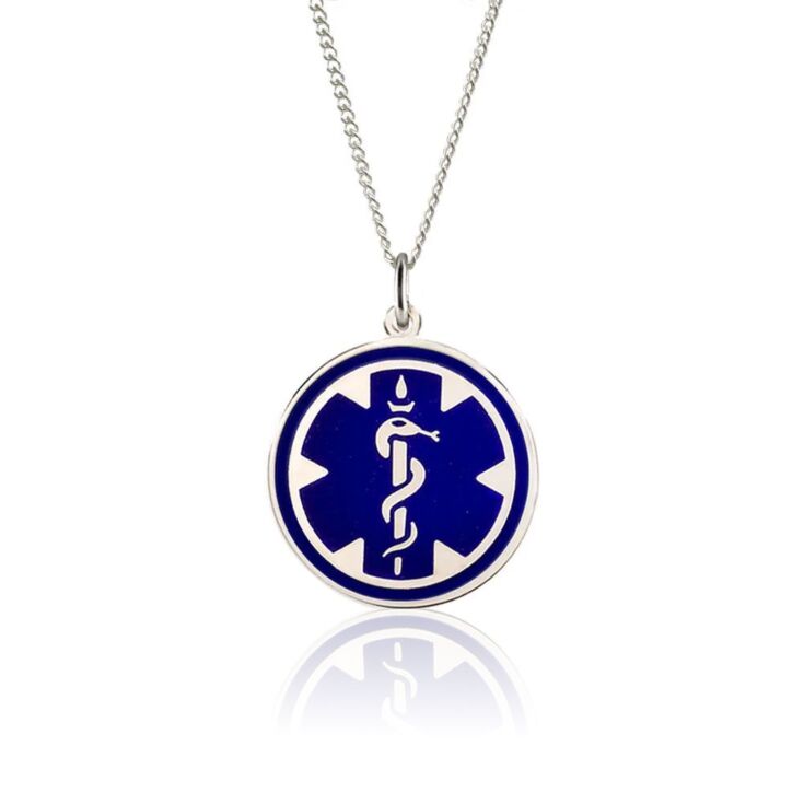 sterling silver medical id necklace for men and women with blue enamel, round medical emblem medallion