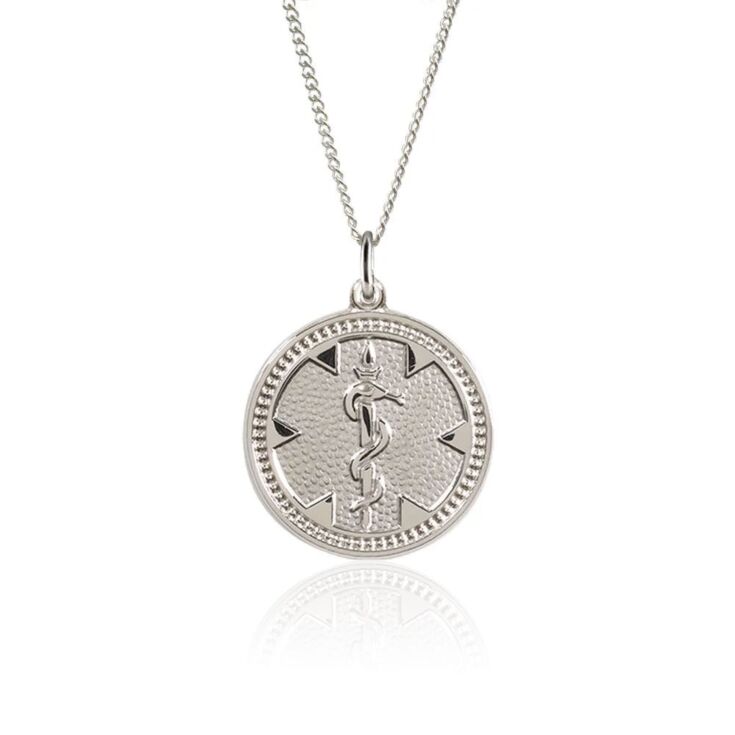 round sterling silver medallion necklace, classic and traditional style, embossed medical emblem on round id tag, curb style neck chain