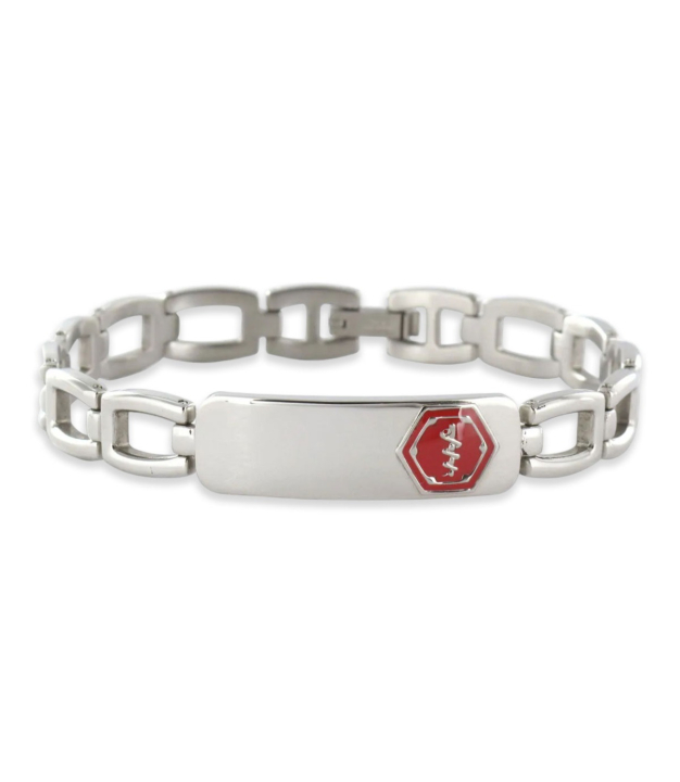 lynx style stainless steel, unisex medical id bracelet with foldover clasp