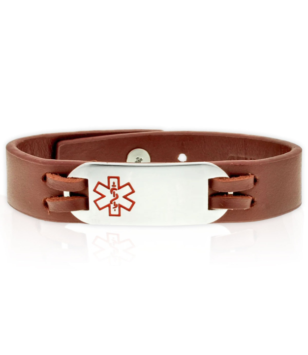 companion medical alert bracelet, leather urban-style with stainless steel id plate