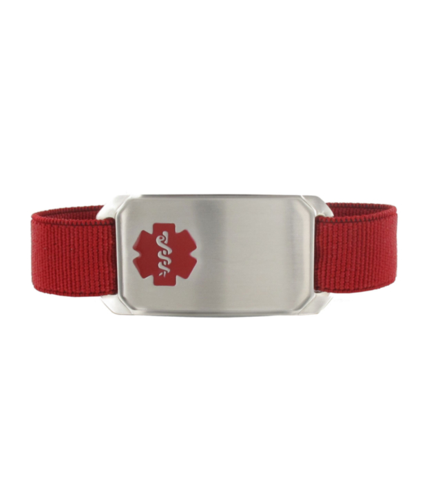 red sportband medical id for men, elastic nylon band with large stainless steel medical id tag, fits 6", 7", and 8" size wrists
