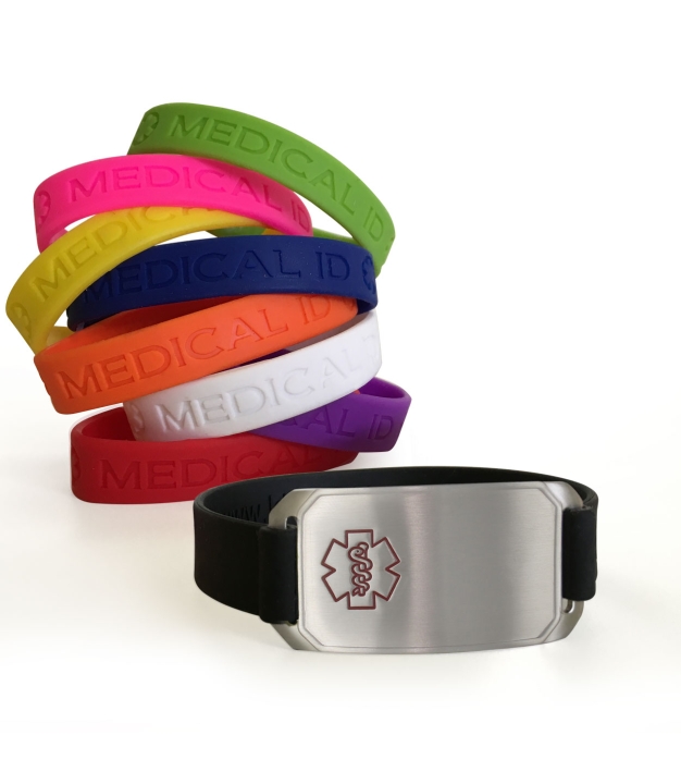 silicone companion medical ID, flex bracelet in solid colors, back up medical ID with free engraving