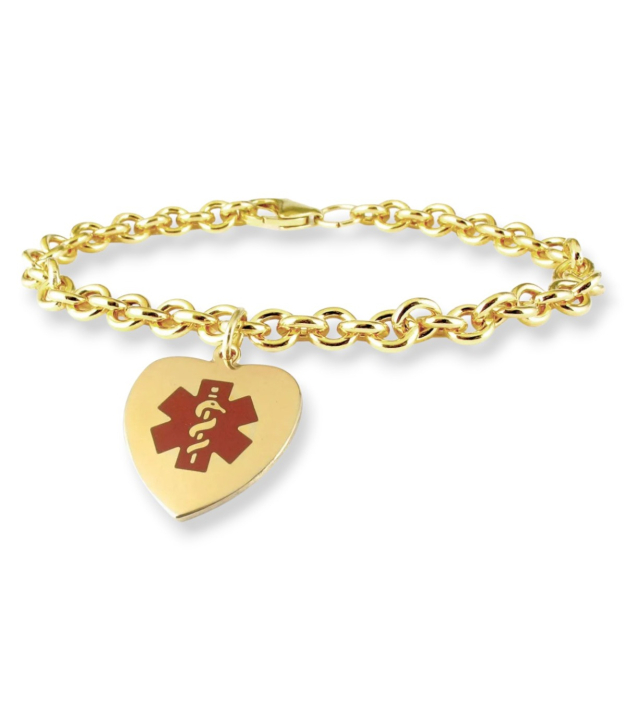 feminine gold chain medical id bracelet with heart-shaped charm in red design