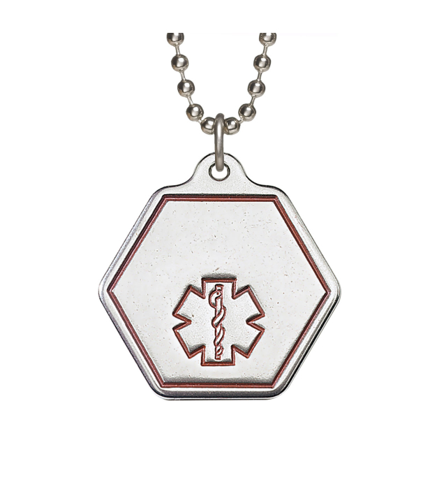 stainless steel companion id with hexagon pendant and red medical emblem design