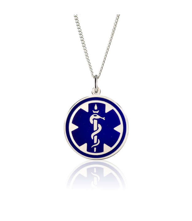 sterling silver medical id necklace for men and women with blue enamel, round medical emblem medallion