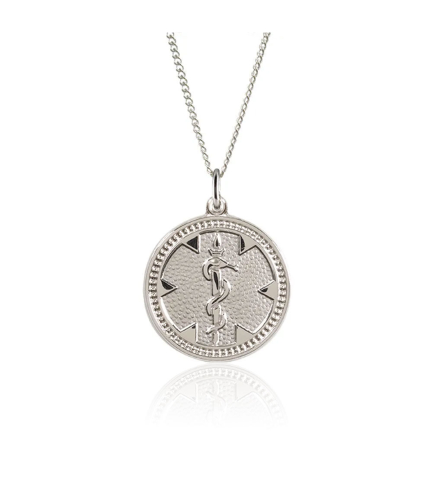 round sterling silver medallion necklace, classic and traditional style, embossed medical emblem on round id tag, curb style neck chain