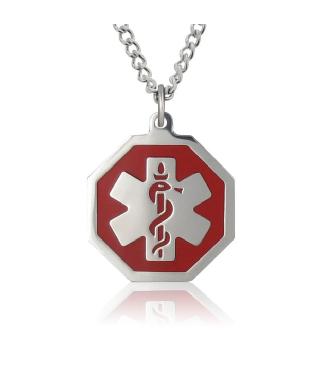 curb chain medical id necklace with hexagon medical emblem pendant in red, stainless steel design