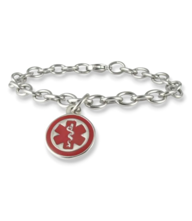 Mini Pendant Charm Bracelet with Stainless Steel Cable Chain and Claw Clasp, Round Medical Emblem Charm in highly visible red color