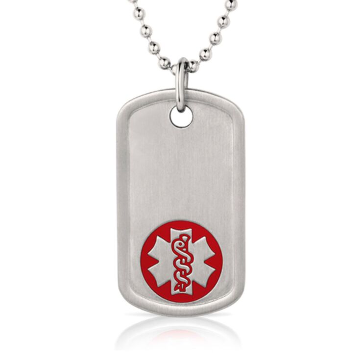 Unisex stainless steel dog tag medical ID necklace with bead style chain, brushed metal finish, id tag and red medical emblem design