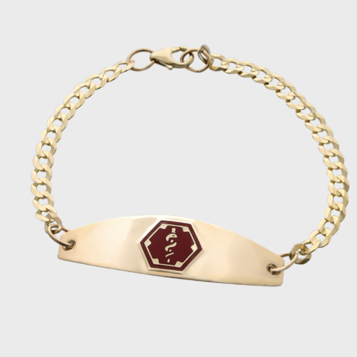 premier gold medical id bracelet for women with gold curb chain, medical id plate with red emblem