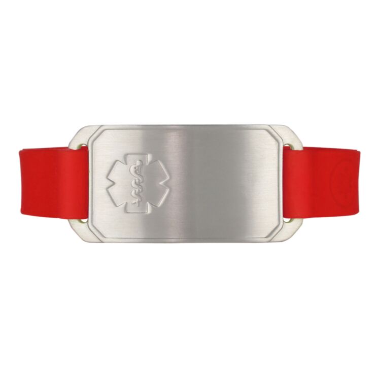 stretch silicone band medical id bracelet in red with stainless id tag, fits teens, adults, red outline medical emblem or embossed design