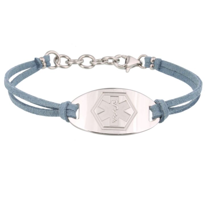 gray faux suede band medical id bracelet with sterling silver or stainless steel engraved medical id plate for teens, adults