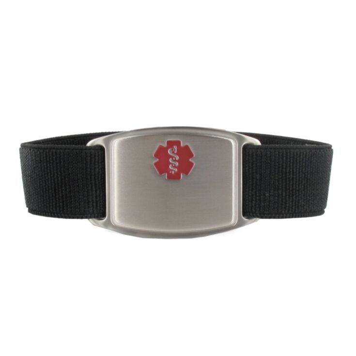 black sportband flex medical id bracelet, stainless medical id tag with red medical emblem design, elastic nylon band for comfort & durability