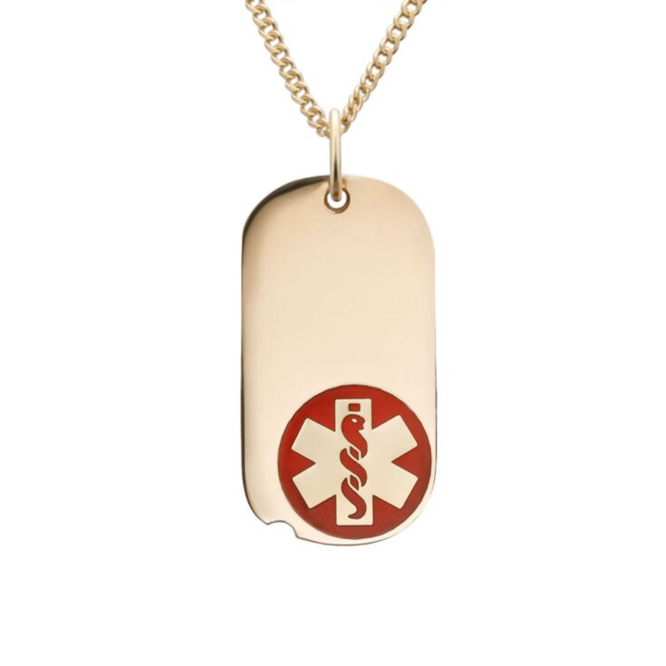 military style dog tag medical id necklace in gold-filled, miniature version in oval shape with red medical emblem