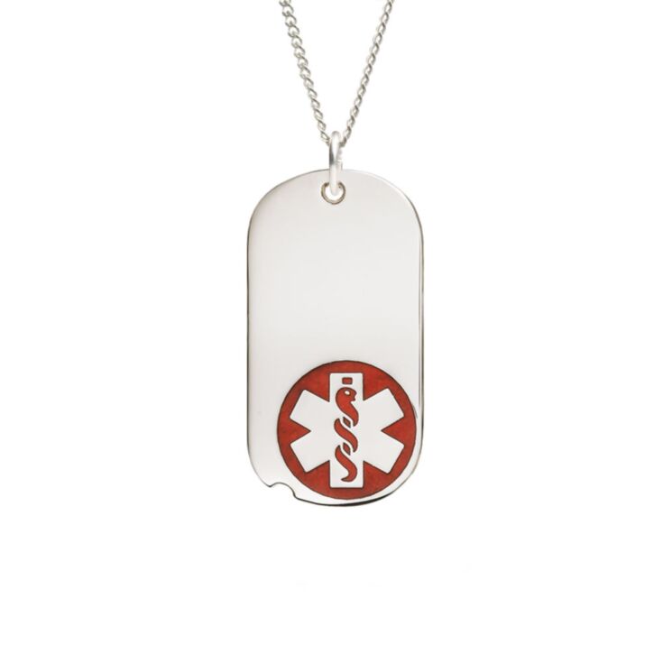 mini military style medical id necklace with sterling silver oval tag red medical emblem design