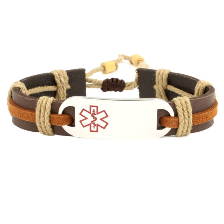 Rugged style leather medical ID bracelet in rust and earth tone. Comes with stainless steel plate for engraving medical information.
