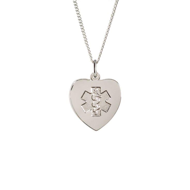 sterling silver medical id necklace for women with heart-shaped pendant, embossed medical emblem