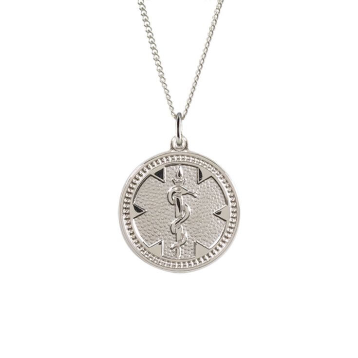 round sterling silver medallion necklace, classic and traditional style, embossed medical emblem on round id tag, curb style neck chain