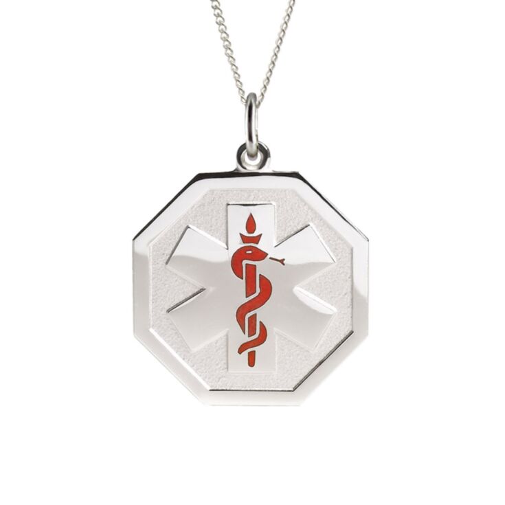 sterling silver embossed necklace with hexagon pendant, subtle medical emblem design for teens and adults, comes with multiple chain options