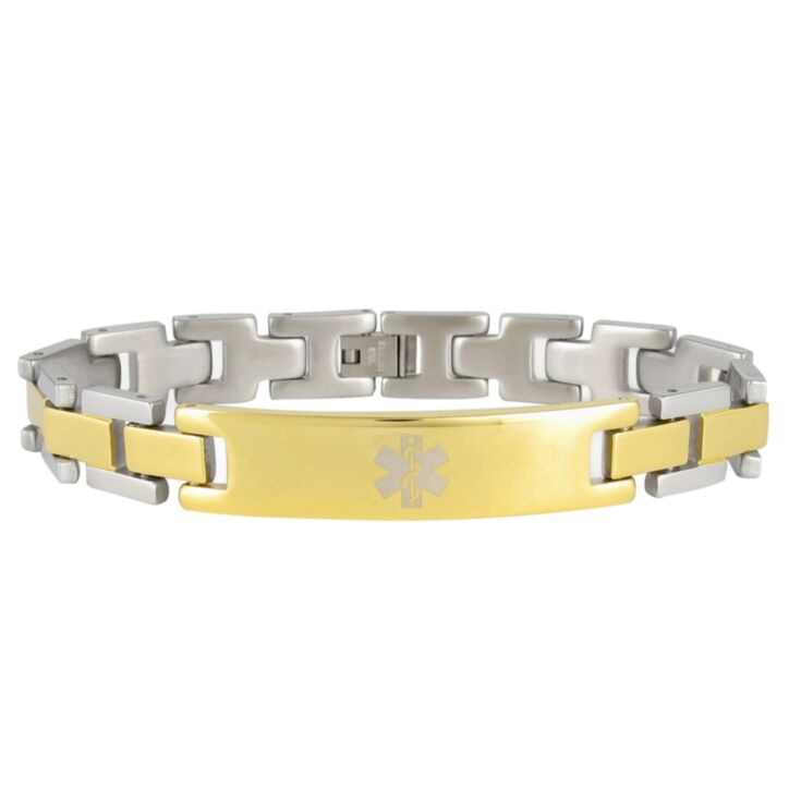 two-tone medical id bracelet in gold and silver stainless steel for men