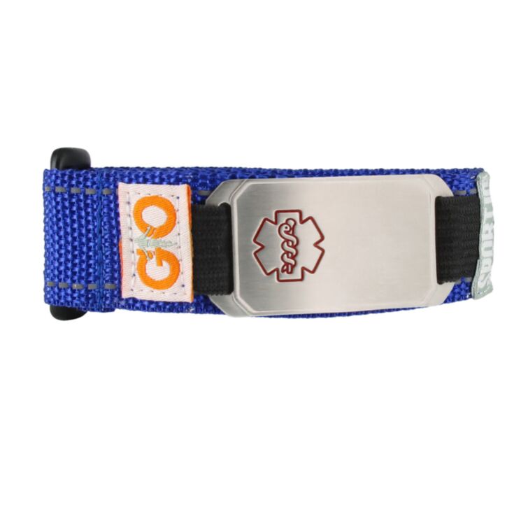 blue flexible mesh sportband medical id bracelet, sporty design durable nylon band with removable stainless steel id designed with red medical symbol outline