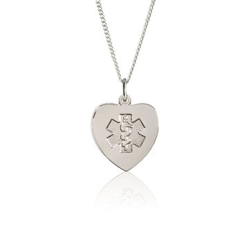 sterling silver medical id necklace for women with heart-shaped pendant, embossed medical emblem
