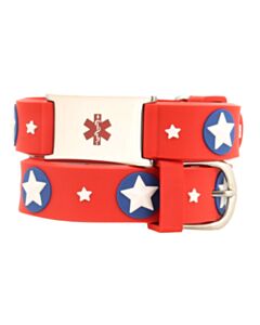 kids red medical id bracelet with super hero star design, silicone band with stainless steel plate