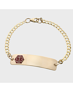 gold chain medical id bracelet with red emblem