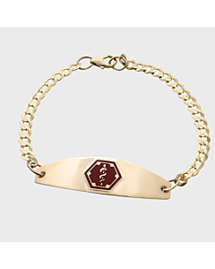 premier gold medical id bracelet for women with gold curb chain, medical id plate with red emblem