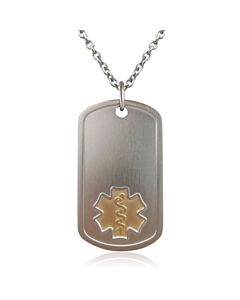 titanium dog tag medical id plate with embossed medical symbol in gold, hypoallergenic and lightweight titanium oval chain
