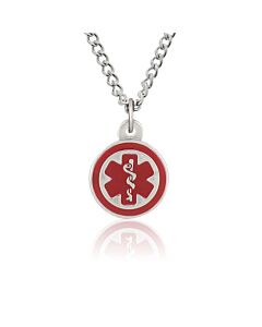 Mini pendant charm necklace with stainless steel standard curb chain and claw clasp, round medical emblem charm in highly visible red color