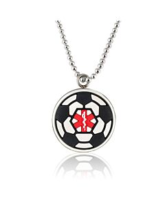 kids soccer ball medical id necklace, black and white pendant with soccer ball design and red medical emblem