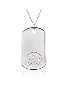 sterling silver dog tag medical id necklace with military styling, id tag embossed with medical emblem, subtle brushed metal finish, unisex design