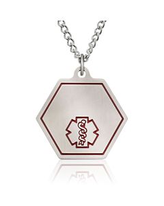 classic medical id necklace with hexagon pendant featuring red medical emblem, stainless steel curb neck chain