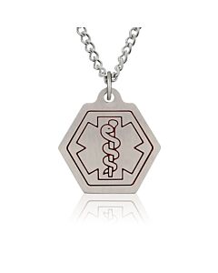 small stainless steel medical id necklace with classic style, hexagon pendant with red medical emblem design on standard or heavy curb neck chain