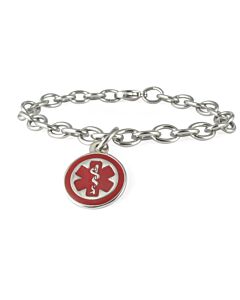 Mini Pendant Charm Bracelet with Stainless Steel Cable Chain and Claw Clasp, Round Medical Emblem Charm in highly visible red color