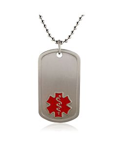 dog tag medical id with red medical symbol on titanium bead chain, hypoallergenic medical id jewelry, lightweight and durable