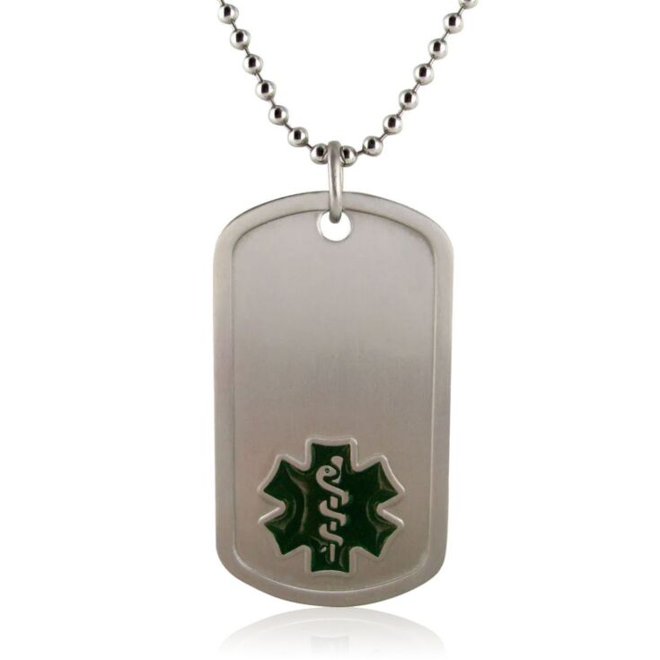 titanium dog tag medical id necklace with titanium bead chain, black medical emblem design on pendant, lightweight, durable design, and hypoallergenic 