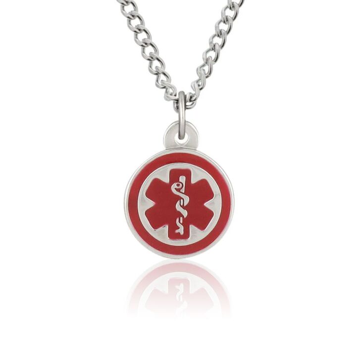 Mini pendant charm necklace with stainless steel standard curb chain and claw clasp, round medical emblem charm in highly visible red color