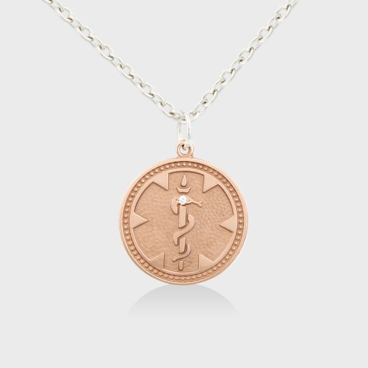 medical id necklace for teens, women, round classic 14k rose gold medallion with diamond accent on sterling silver cable chain 