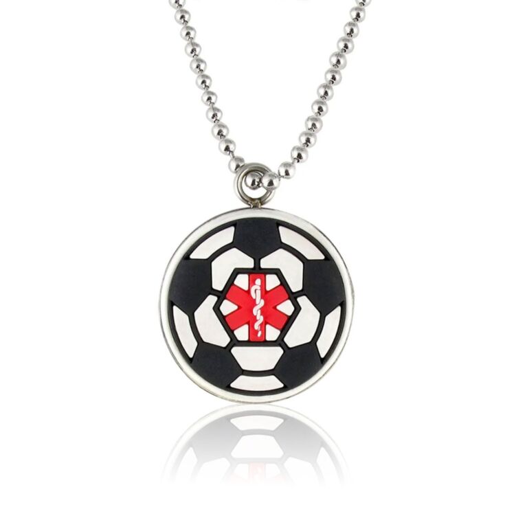 kids soccer ball medical id necklace, black and white pendant with soccer ball design and red medical emblem