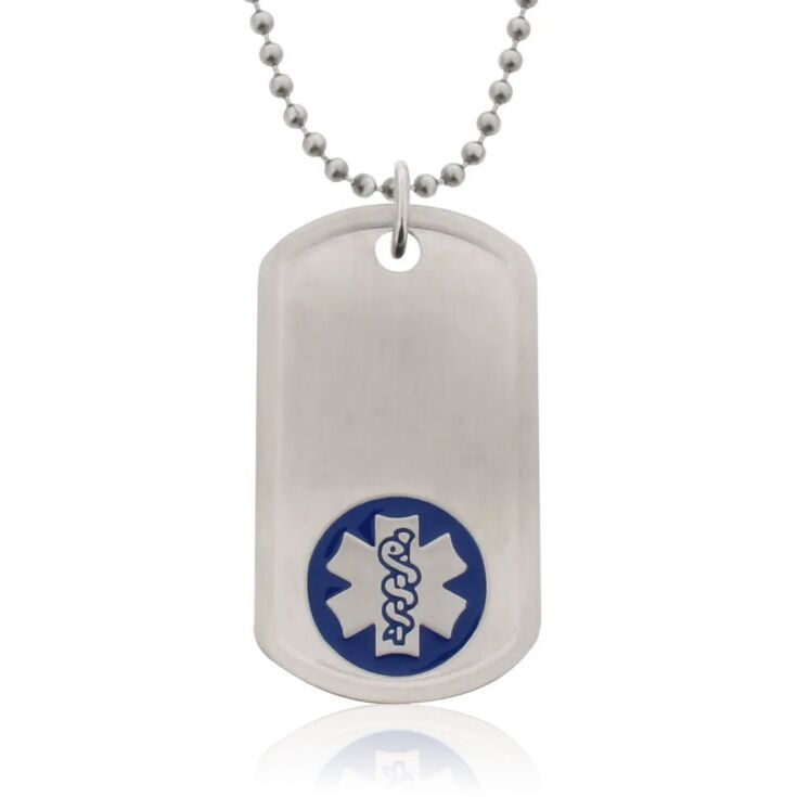 Stainless steel dog tag medical id necklace with blue emblem, bead style neck chain, brushed metal finish