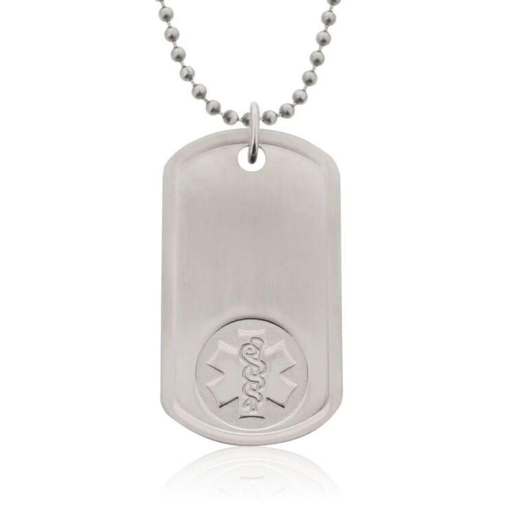 unisex embossed dog tag medical id necklace with bead neck chain, id tag with brushed metal finish, embossed medical emblem design