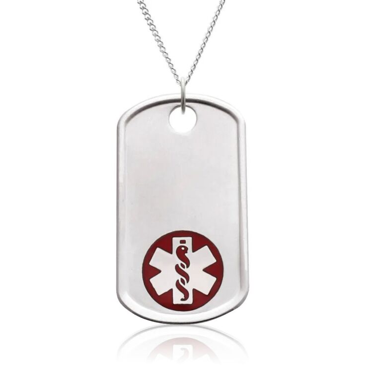 comfortable dog tag medical ID necklace, military-inspired pendant with red medical emblem, brushed metal finish