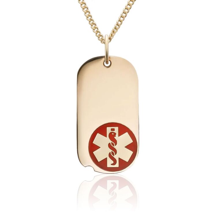 military style dog tag medical id necklace in gold-filled, miniature version in oval shape with red medical emblem