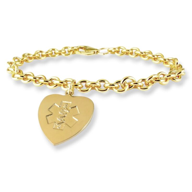 gold chain medical id bracelet with matching gold heart charm