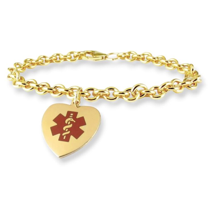 feminine gold chain medical id bracelet with heart-shaped charm in red design