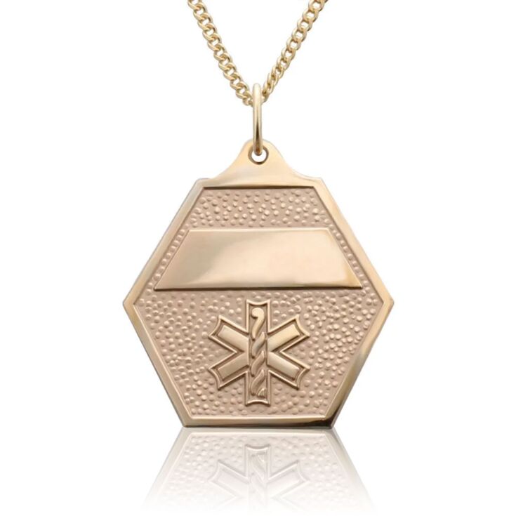attractive gold classic medical id necklace with gold hexagon charm pendant